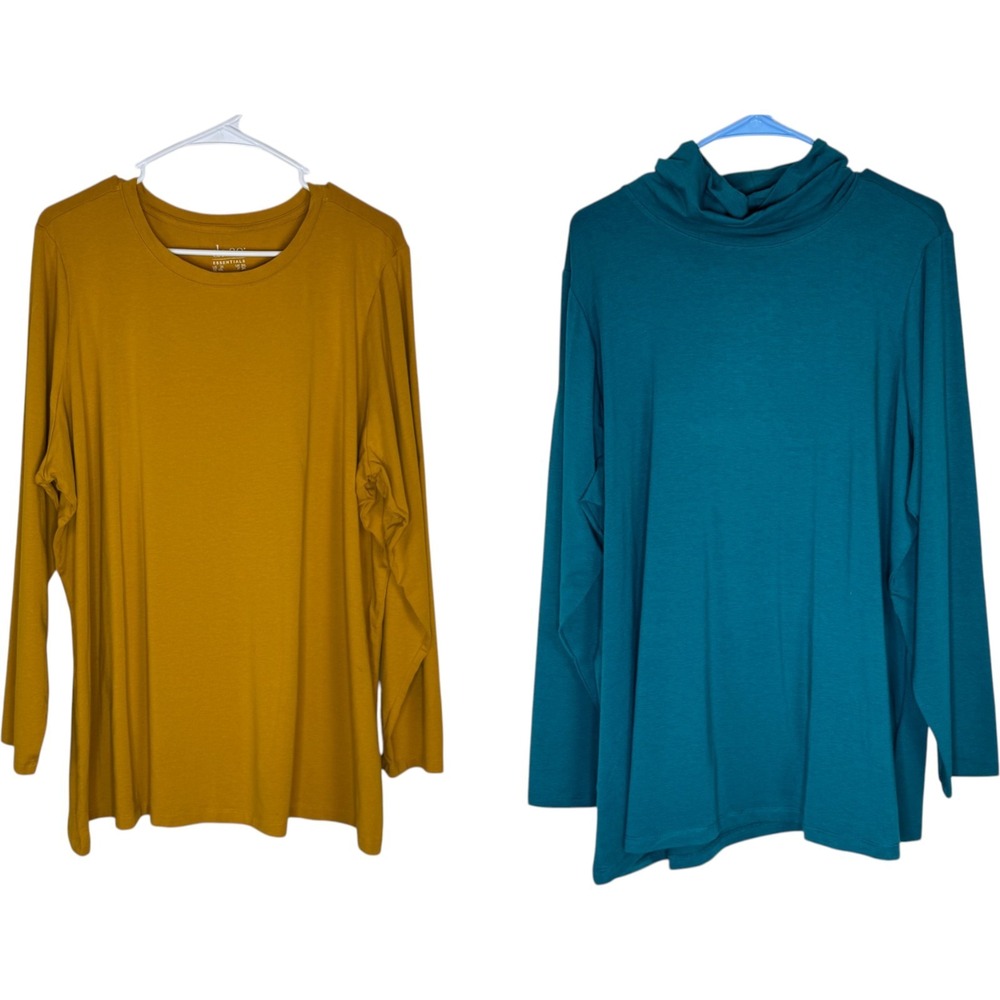 Denim & Co Essentials Women 2X Gold Spruce Green Long Sleeve‎ Jersey T-Shirt 2pk